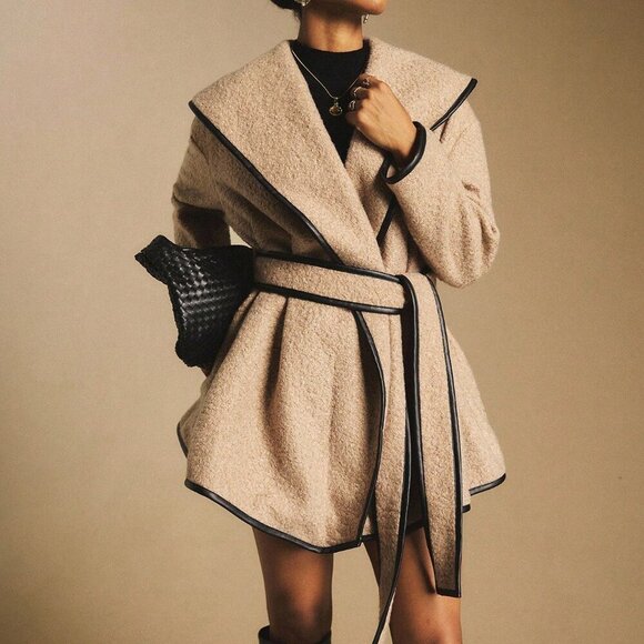 Camel Elegant Women's Skater Overcoat with Contrast Faux Leather Piping - Picture 7 of 9